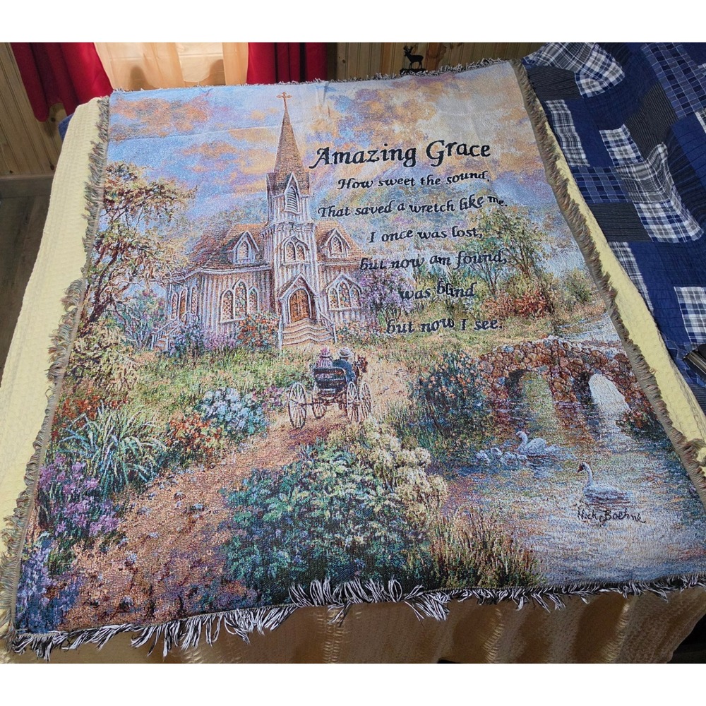 Nicky Boehme Amazing Grace Woven Tapestry Throw Blanket Church Landscape 48x60